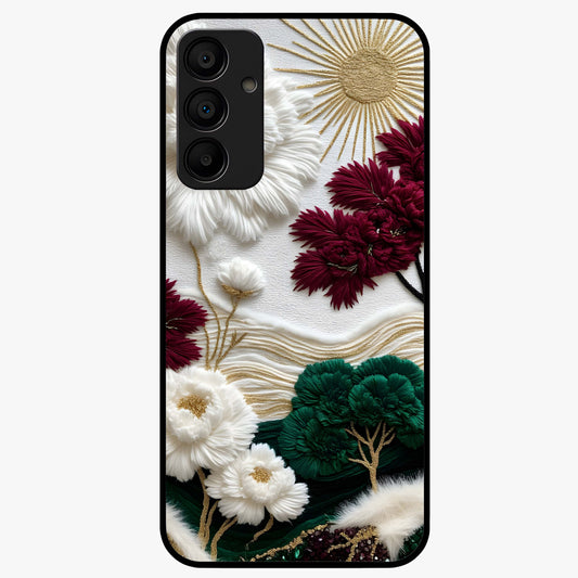 Radiant Bloom Elegance Glass Case showing flat back view with elegant blooming flower artwork and glossy glass finish.