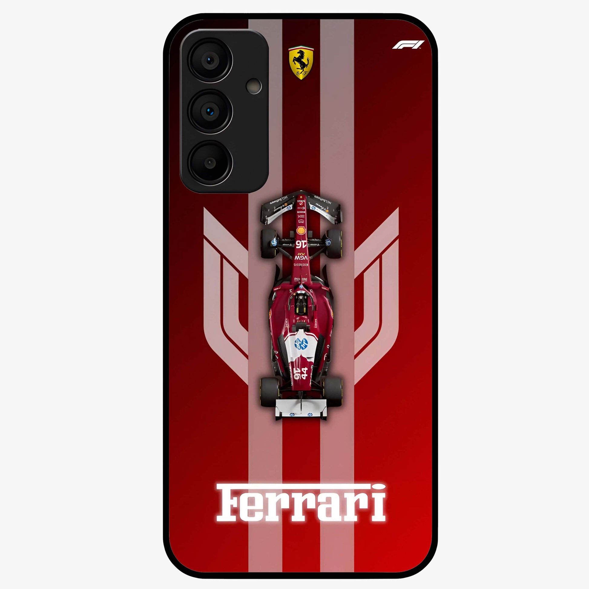 Red Ferrari F1 Vertical Glass Case showing flat back view with sleek Formula racing car artwork and glossy glass finish.