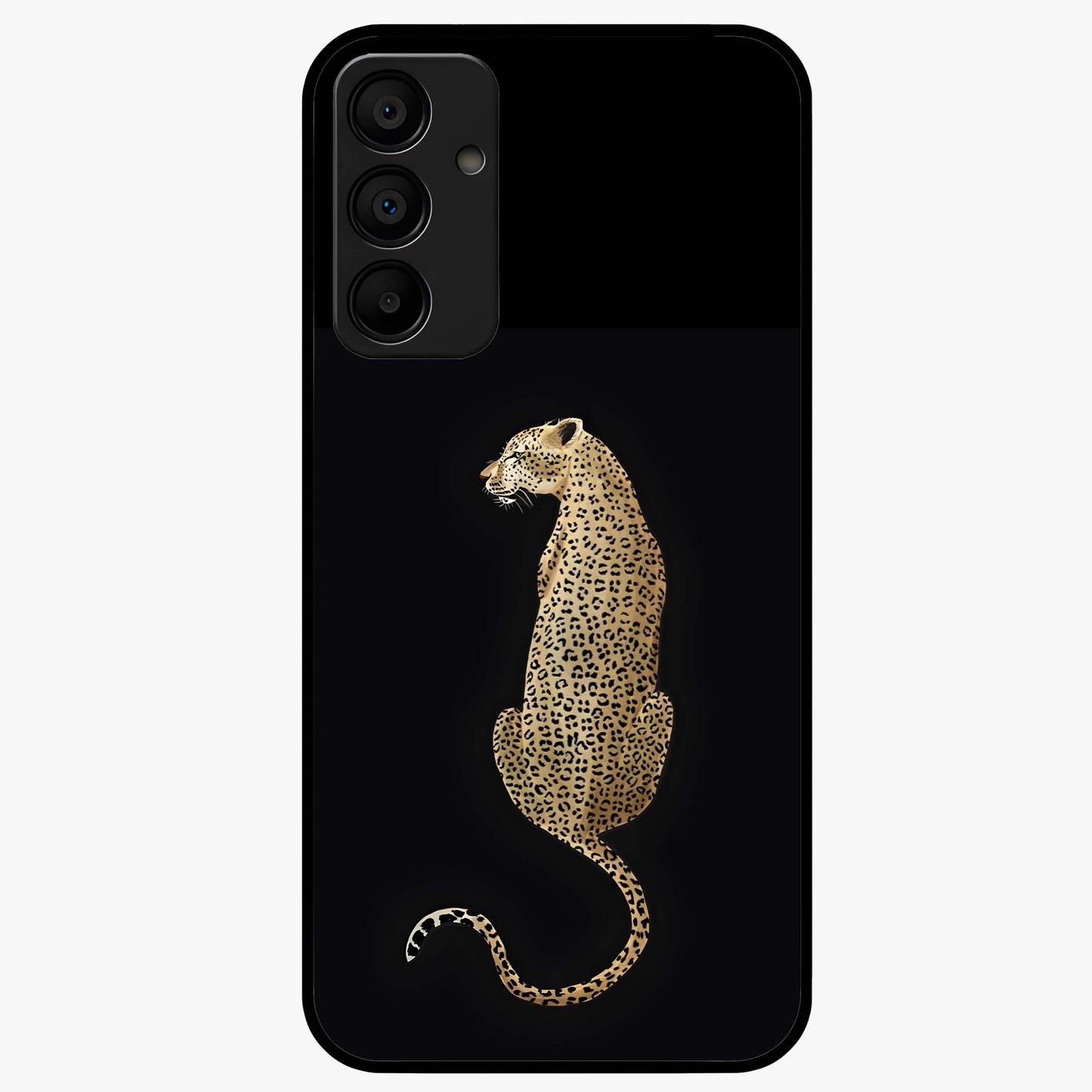Regal Leopard Glass Case showing flat back view with bold leopard artwork and glossy glass finish.