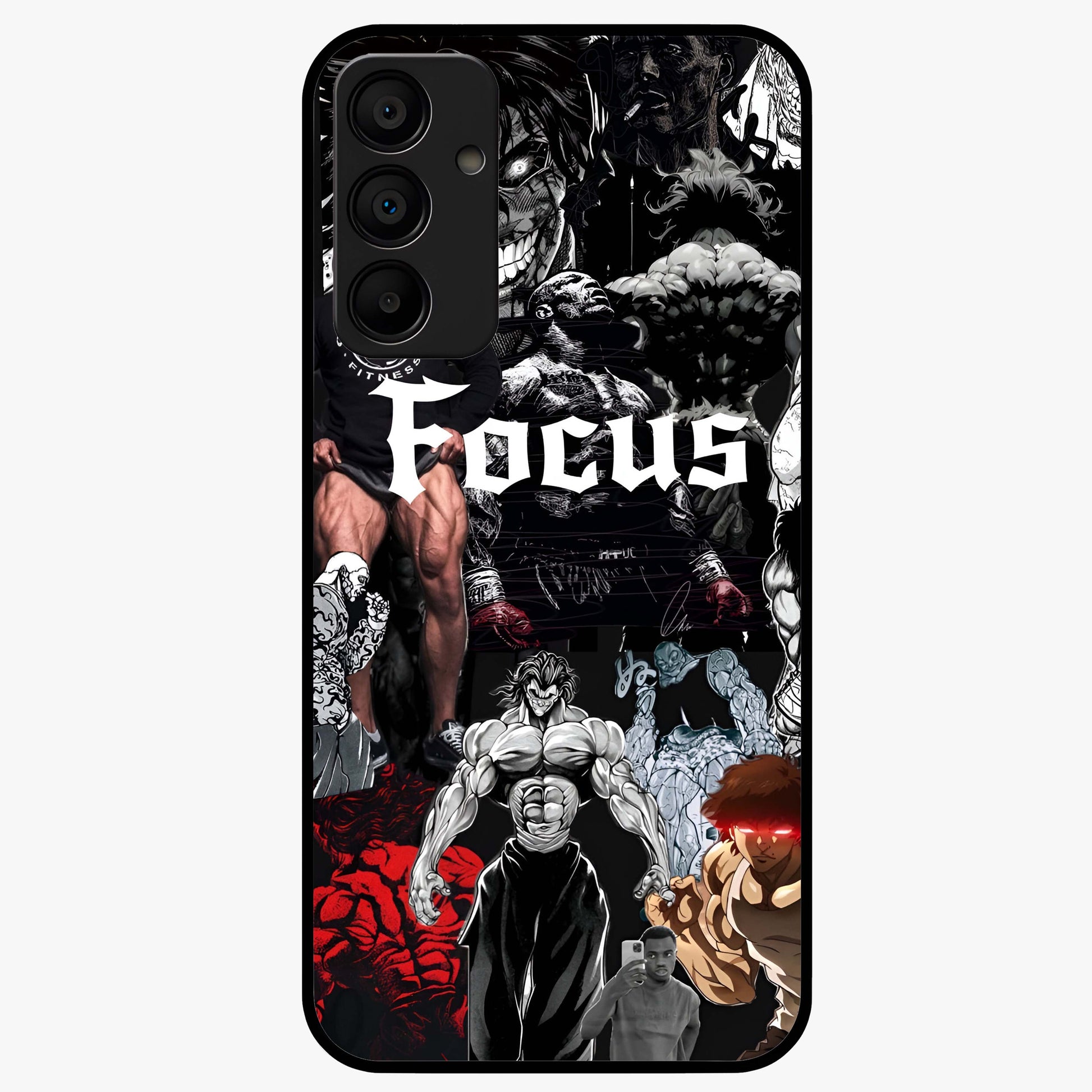 Relentless Power Focus Glass Case showing flat back view with motivational typography artwork and glossy glass finish.