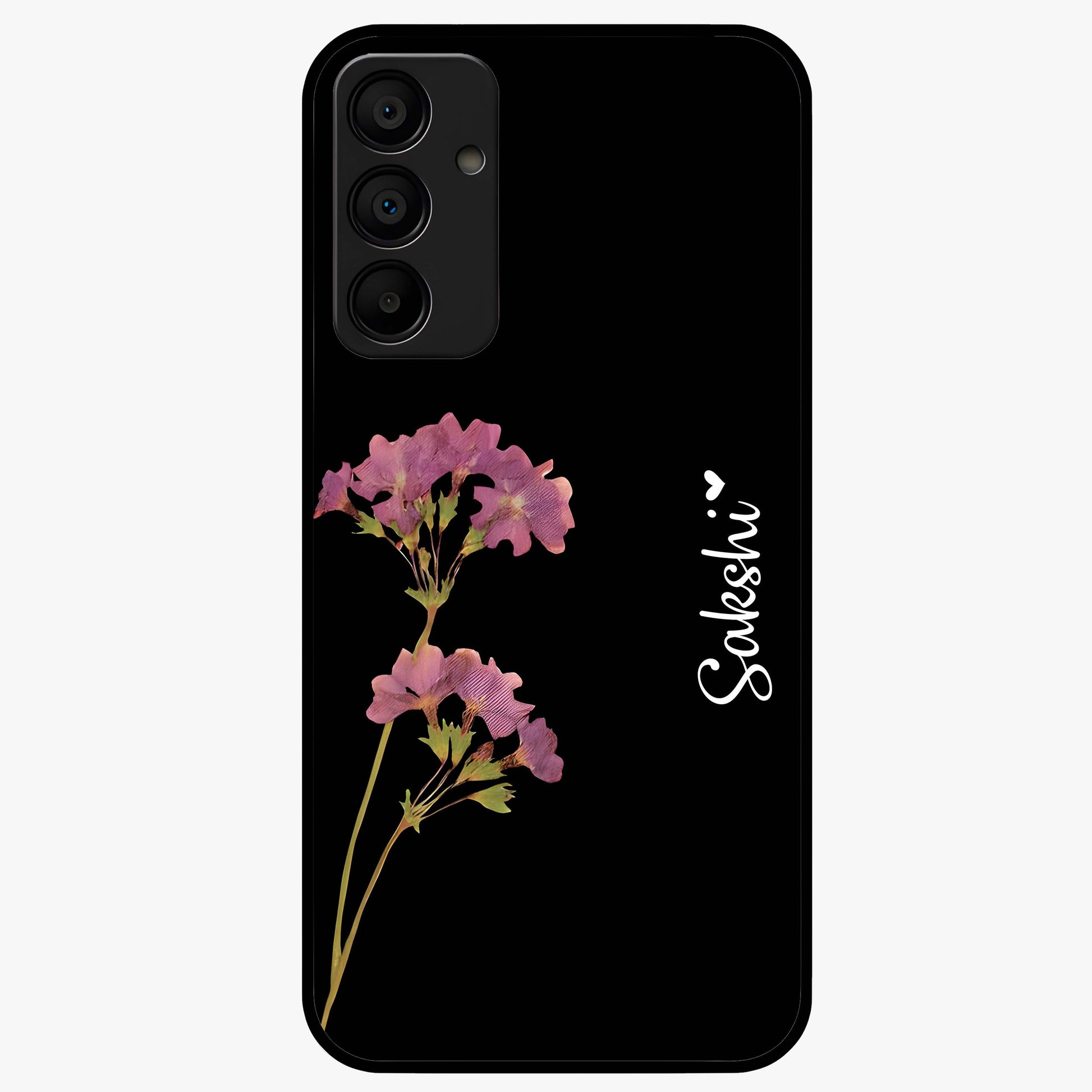 Riching Lavender Flower Custom Name Glass Case showing flat back view with lavender floral artwork and personalized name design.