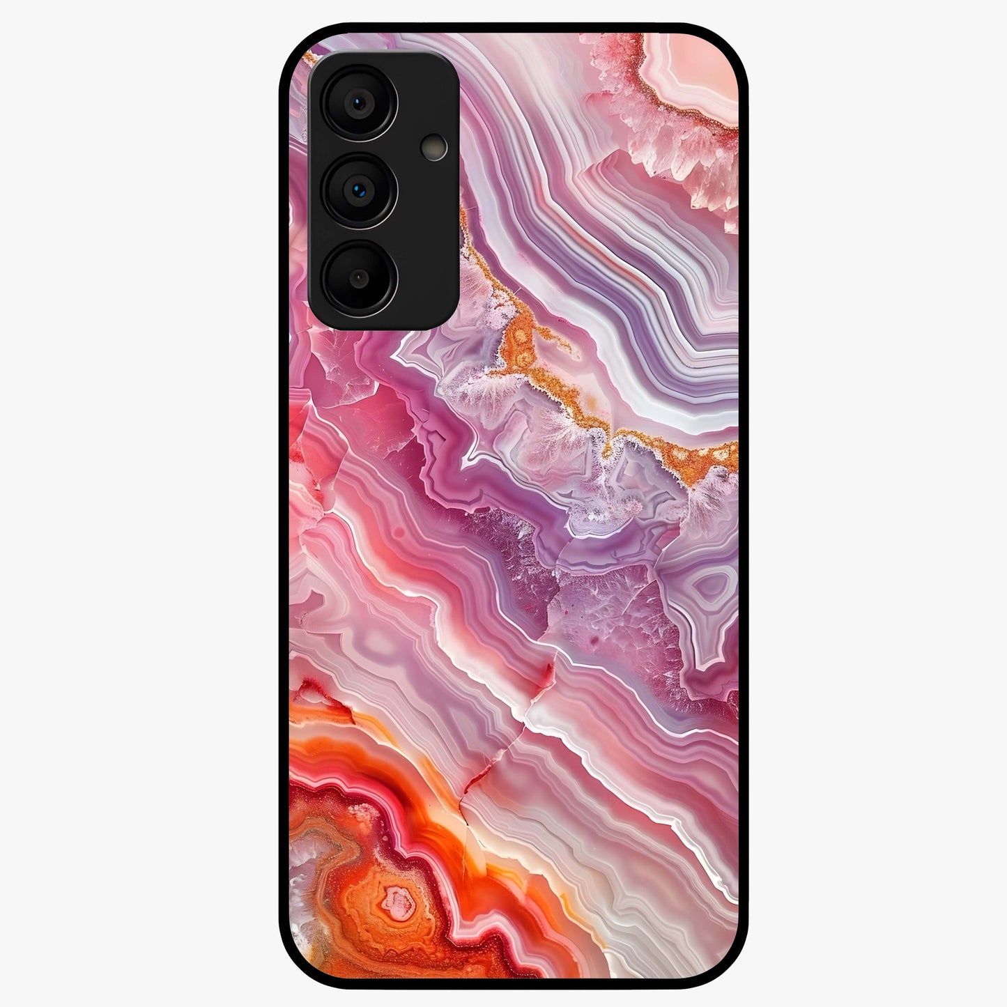 Rose Quartz Marble Glass Case showing flat back view with pink marble quartz texture artwork and glossy glass finish.