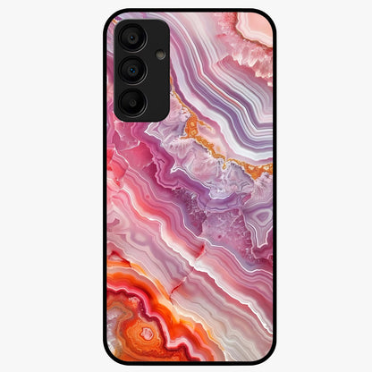 Rose Quartz Marble Glass Case showing flat back view with pink marble quartz texture artwork and glossy glass finish.