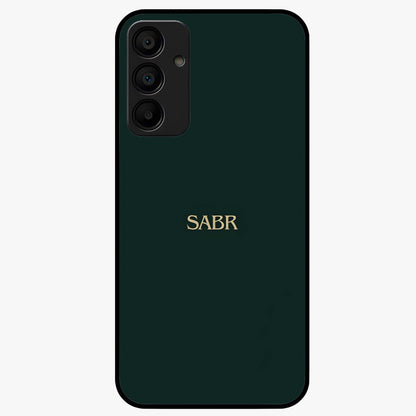 Sabr Minimal Patience Glass Case showing flat back view with minimalist typography artwork and glossy glass finish.