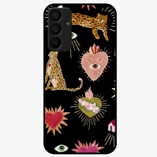 Sacred Jungle Heart Glass Case showing flat back view with jungle inspired heart artwork and glossy glass finish.