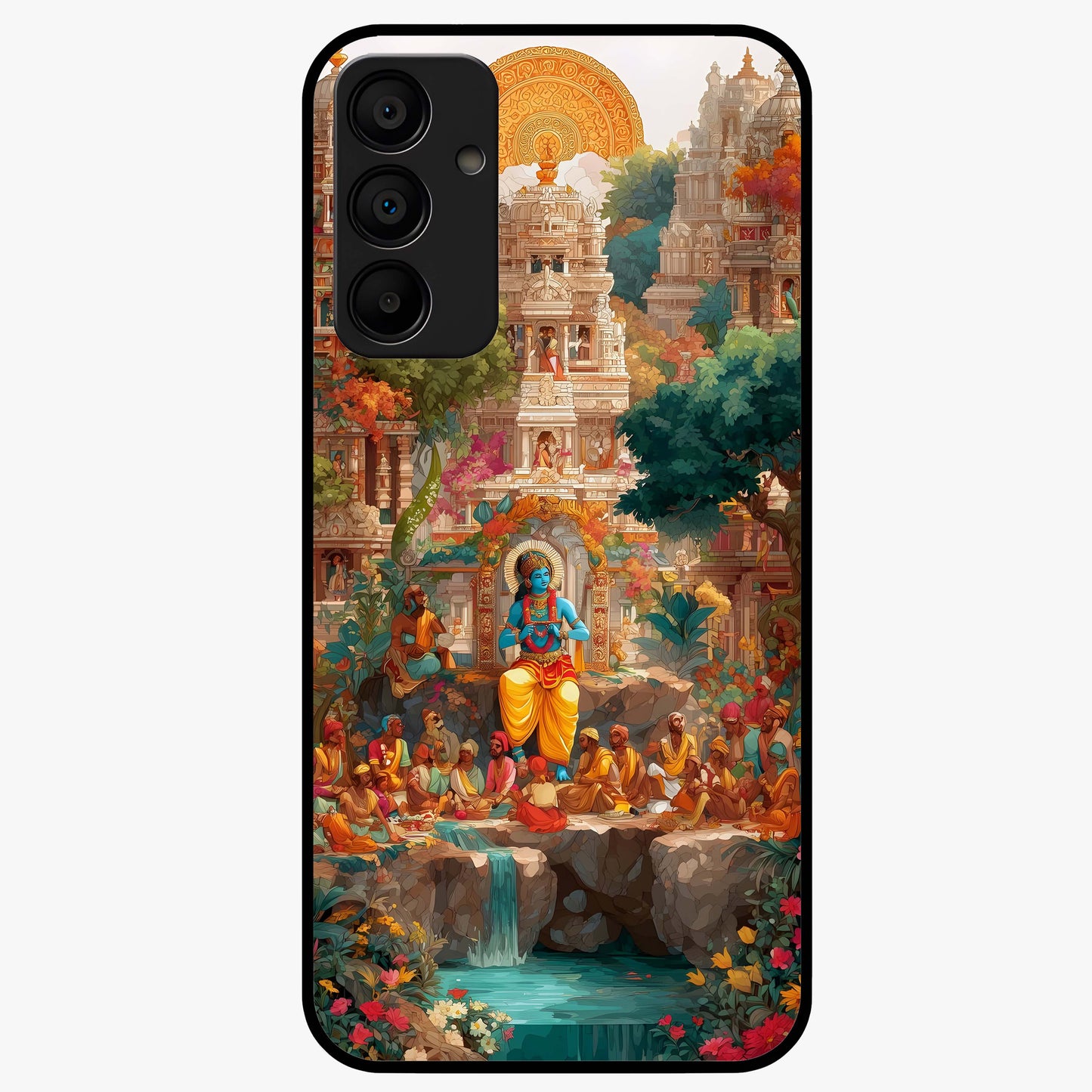 Sacred Sunlight Gods Glass Case showing flat back view with divine sunlight themed artwork and glossy glass finish.