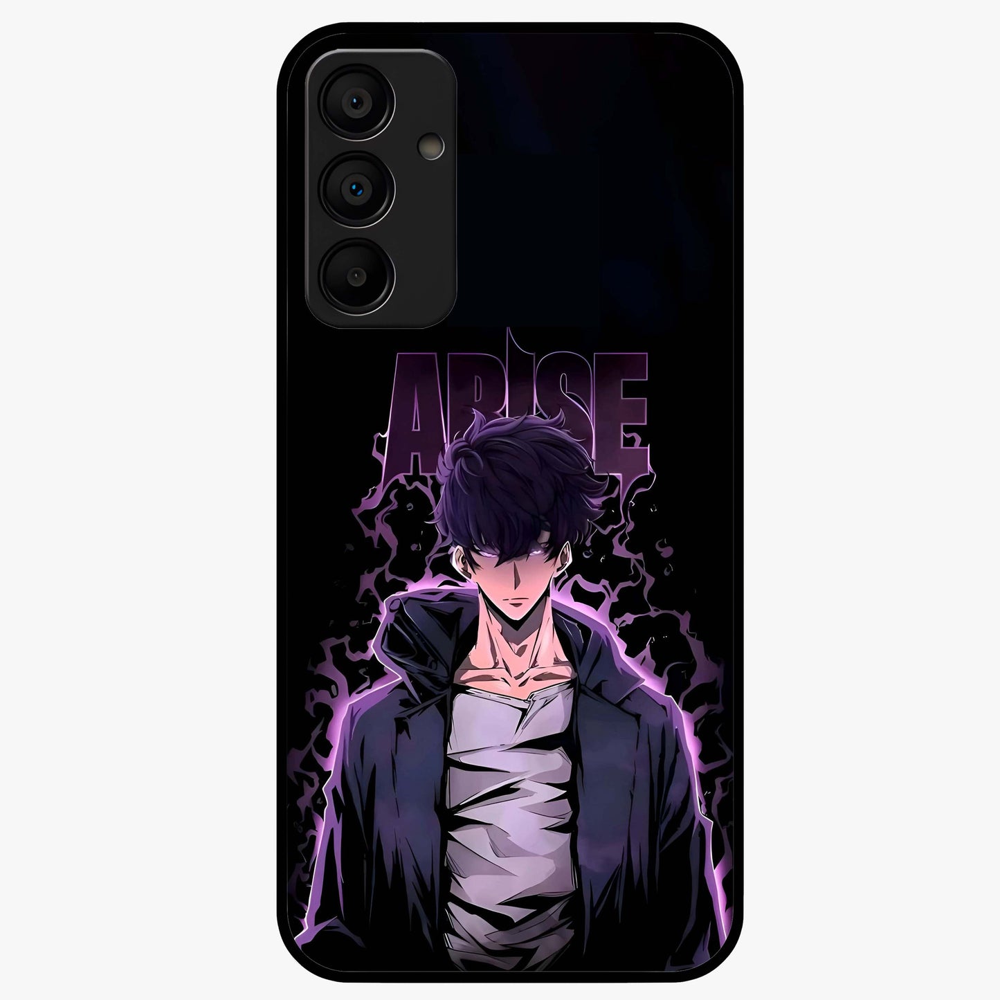 Shadow Monarch Awakening Glass Case showing flat back view with powerful dark monarch themed artwork and glossy glass finish.