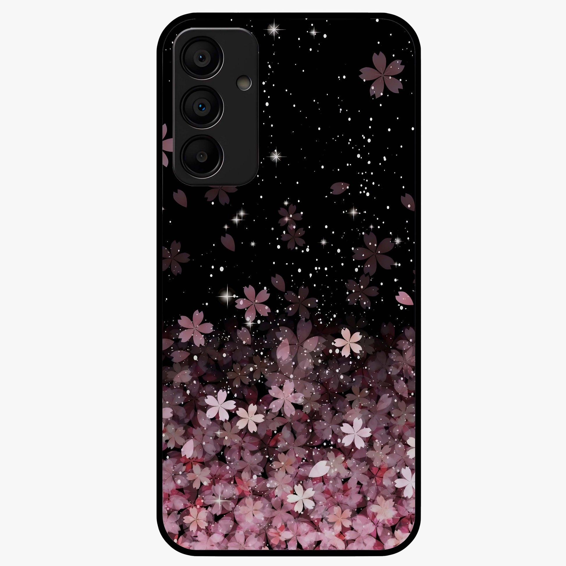 Small Starry Flowers Glass Case showing flat back view with delicate starry floral artwork and glossy glass finish.