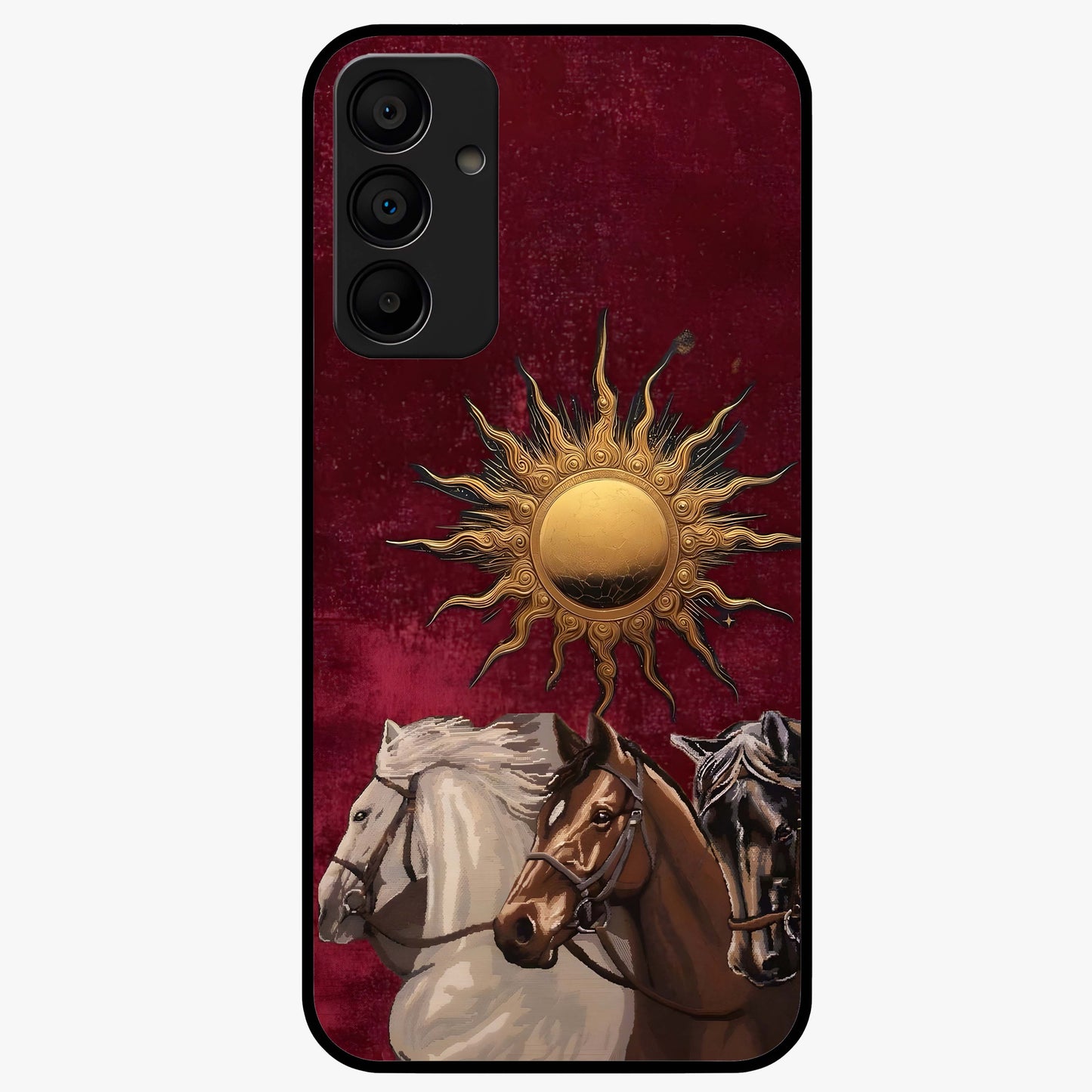 Solar Riders Glass Case showing flat back view with dynamic rider themed artwork and glossy glass finish.