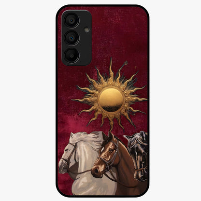 Solar Riders Glass Case showing flat back view with dynamic rider themed artwork and glossy glass finish.
