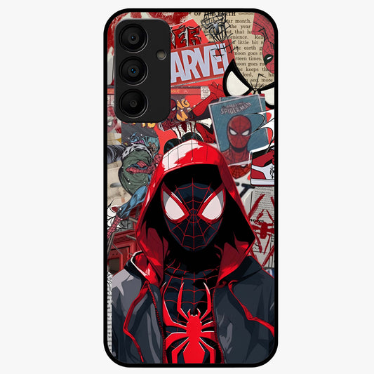 Spider Collage Street Glass Case showing flat back view with vibrant superhero collage artwork and glossy glass finish.