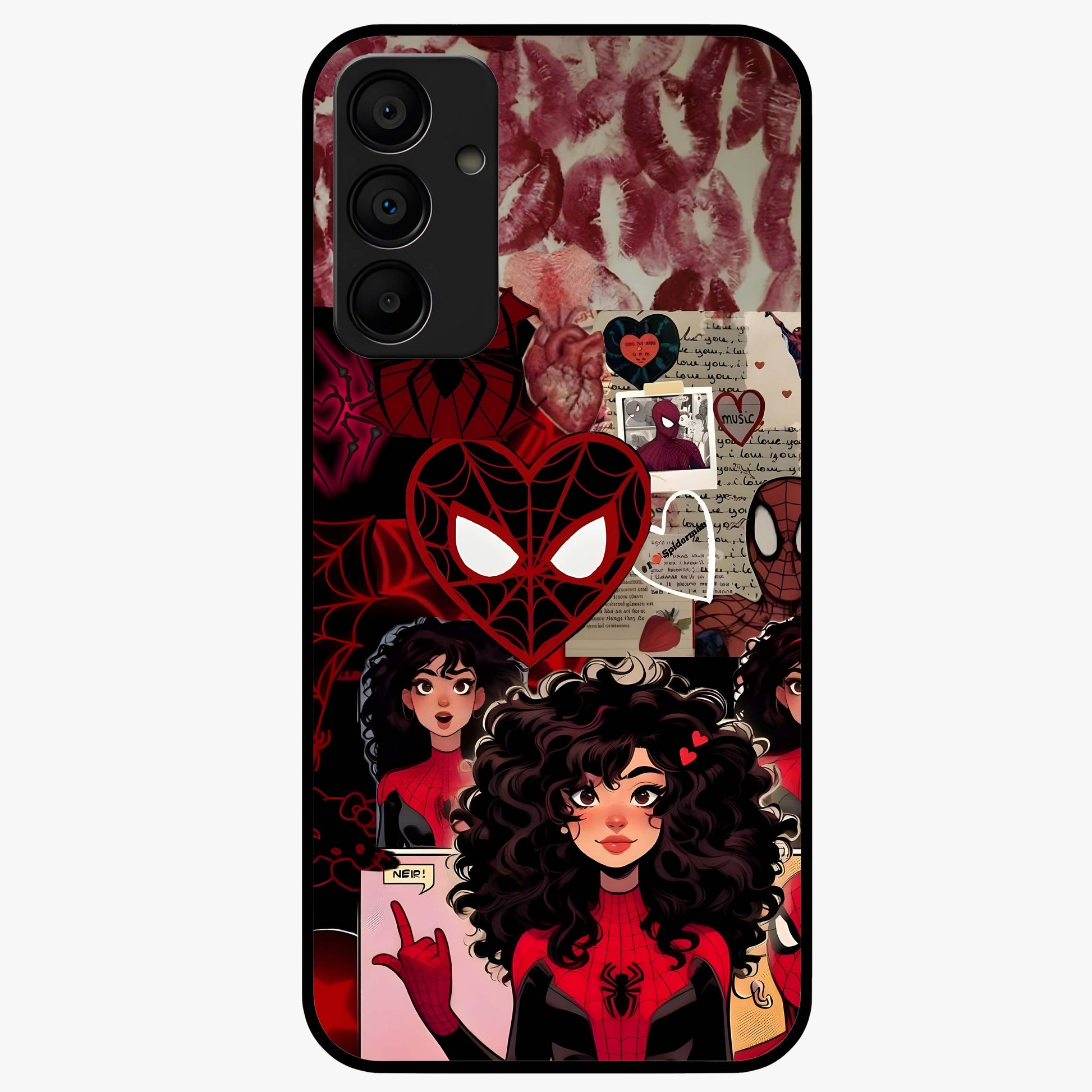 Spider Love Story Glass Case showing flat back view with romantic superhero themed artwork and glossy glass finish.