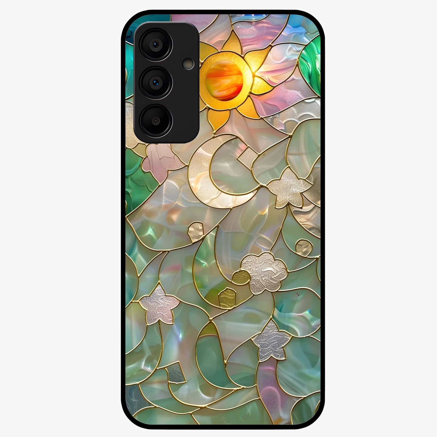 Stained Sunrise Glow Glass Case showing flat back view with glowing sunrise stained pattern artwork and glossy glass finish.