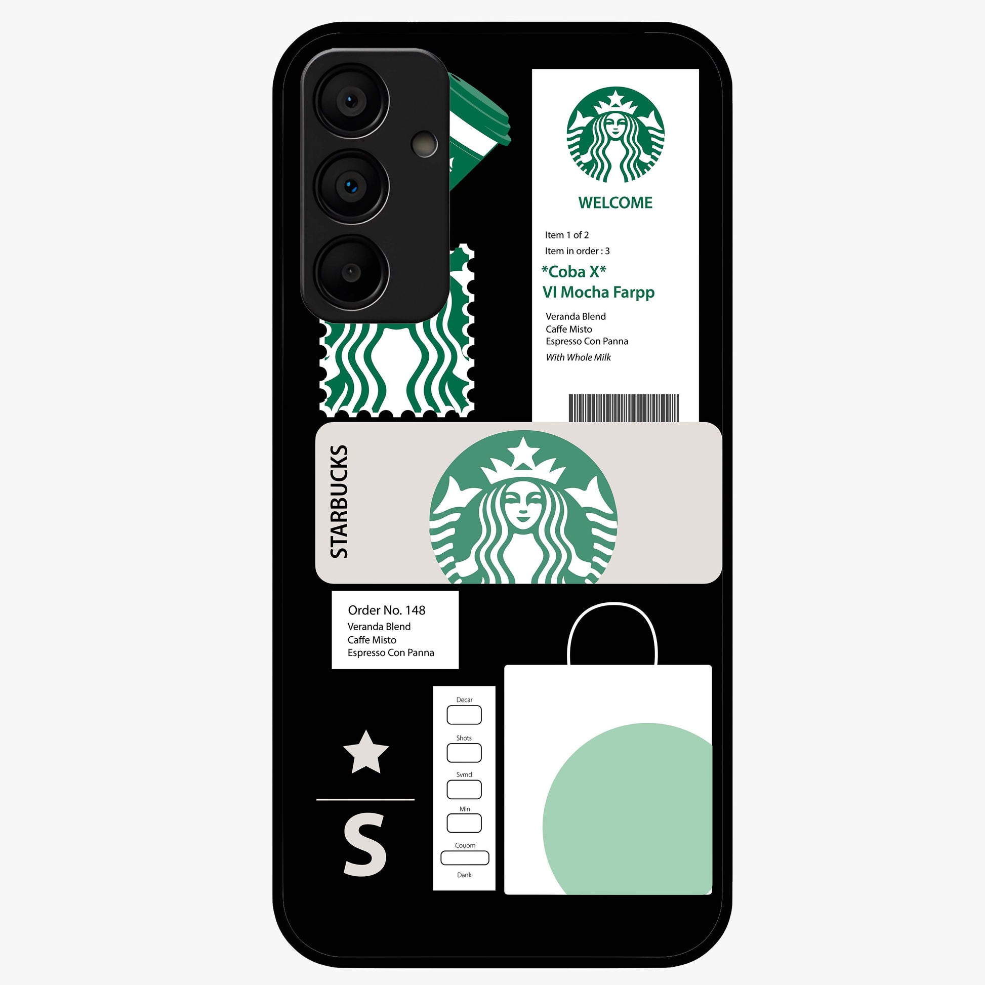 Starbucks Mocha Glass Case showing flat back view with coffee inspired artwork and glossy glass finish.