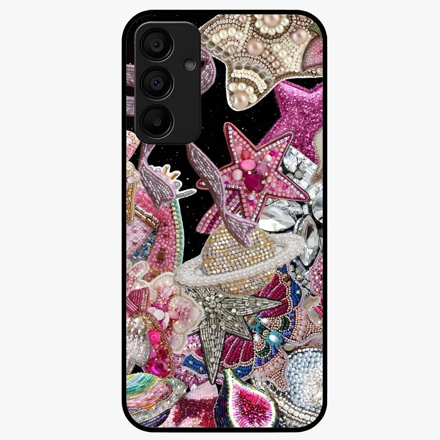 Starlit Jewel Dream Glass Case showing flat back view with sparkling jewel and star themed artwork and glossy glass finish.