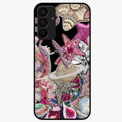 Starlit Jewel Dream Glass Case showing flat back view with sparkling jewel and star themed artwork and glossy glass finish.