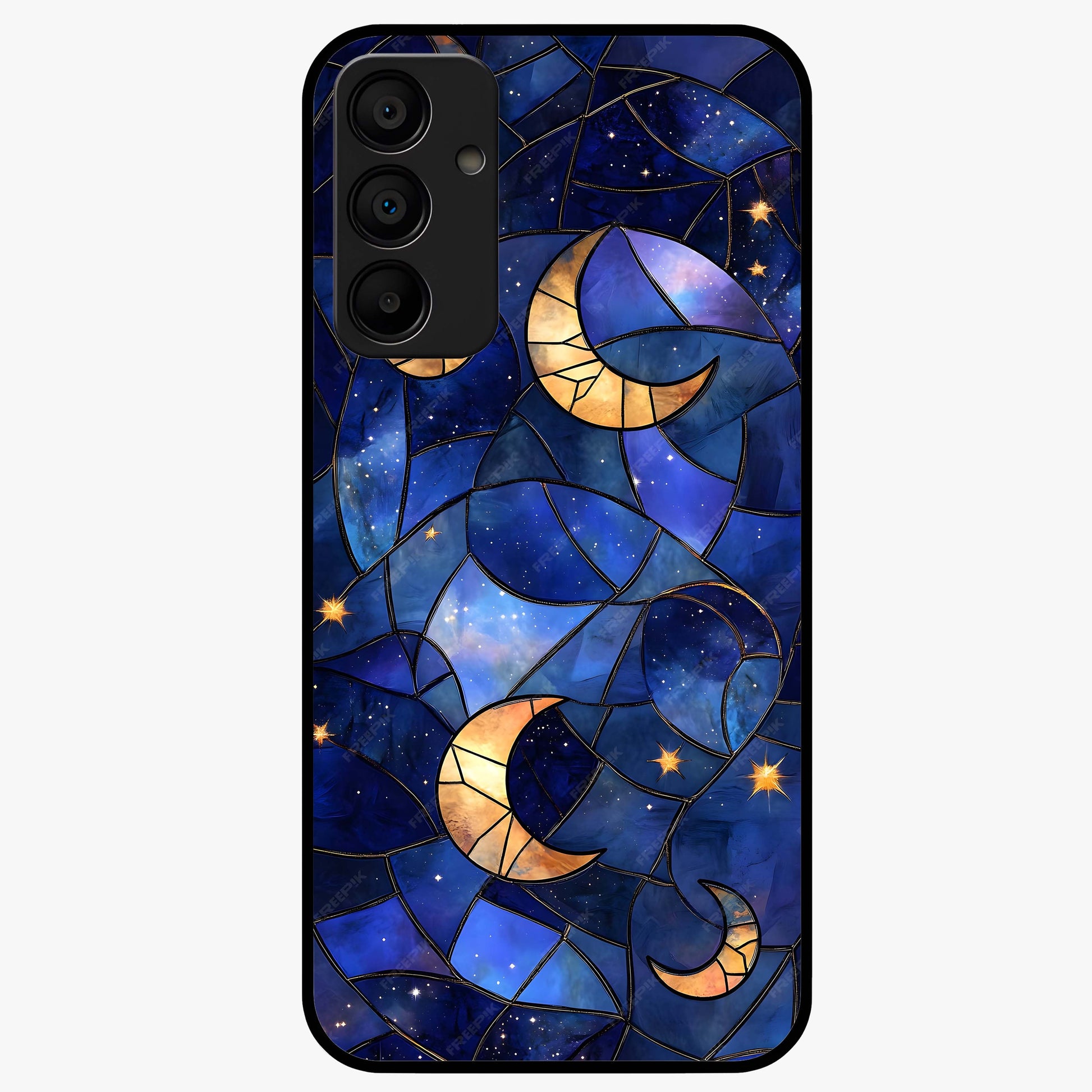 Starlit Sky Tapestry Glass Case showing flat back view with decorative starry sky tapestry artwork and glossy glass finish.