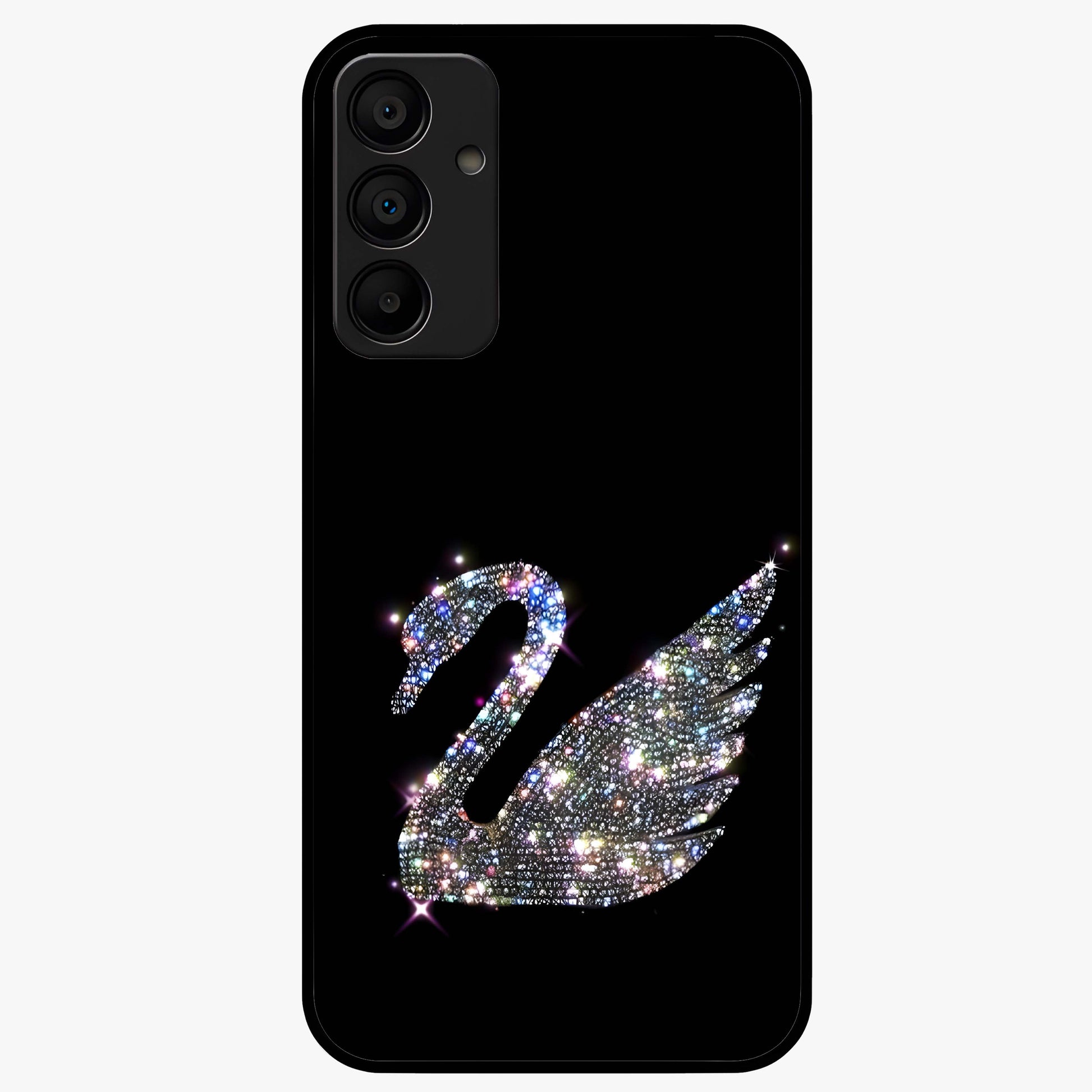 Starlit Swan Grace Glass Case showing flat back view with graceful swan artwork under starry sky and glossy glass finish.
