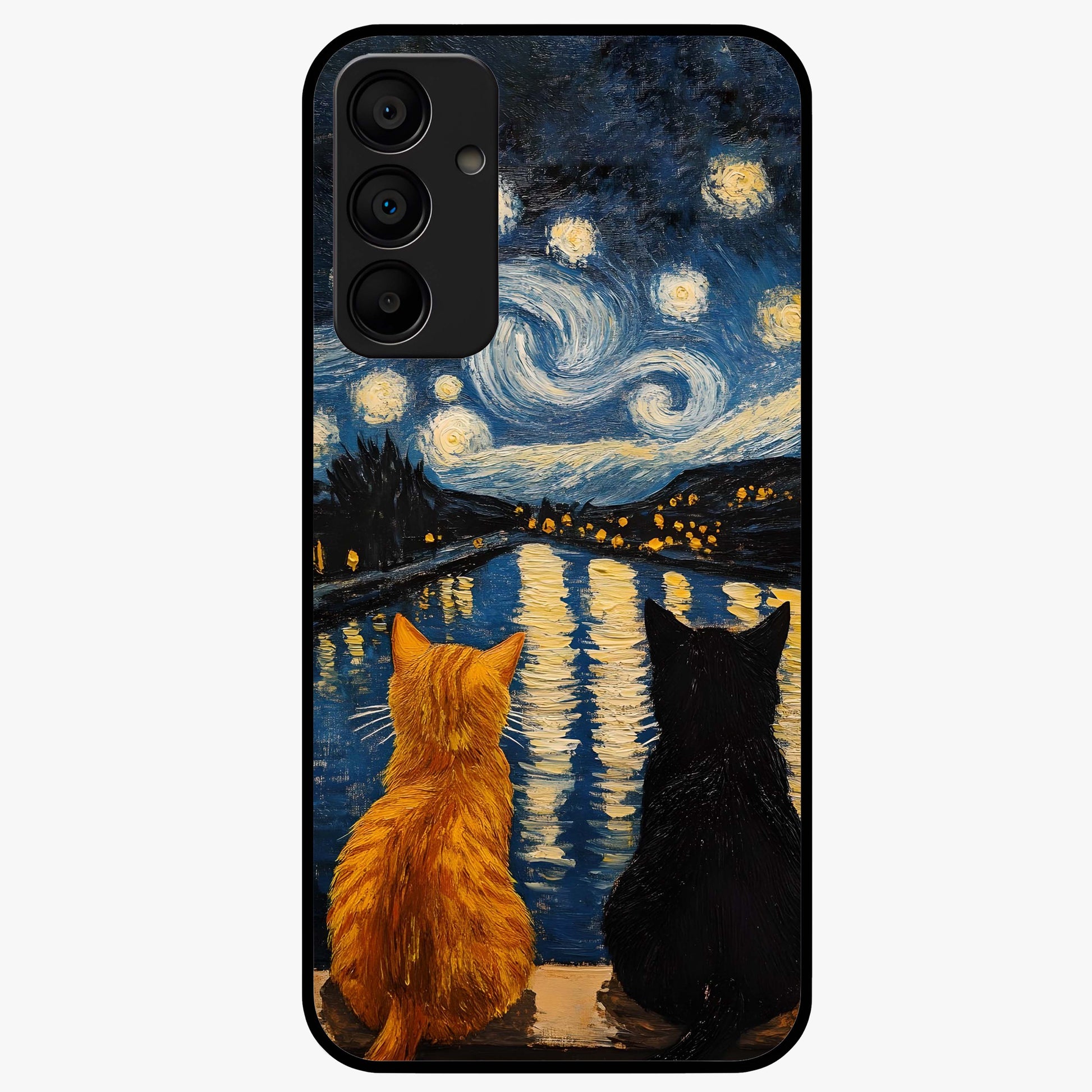 Starry River Cats Glass Case showing flat back view with cats by a starry river artwork and glossy glass finish.