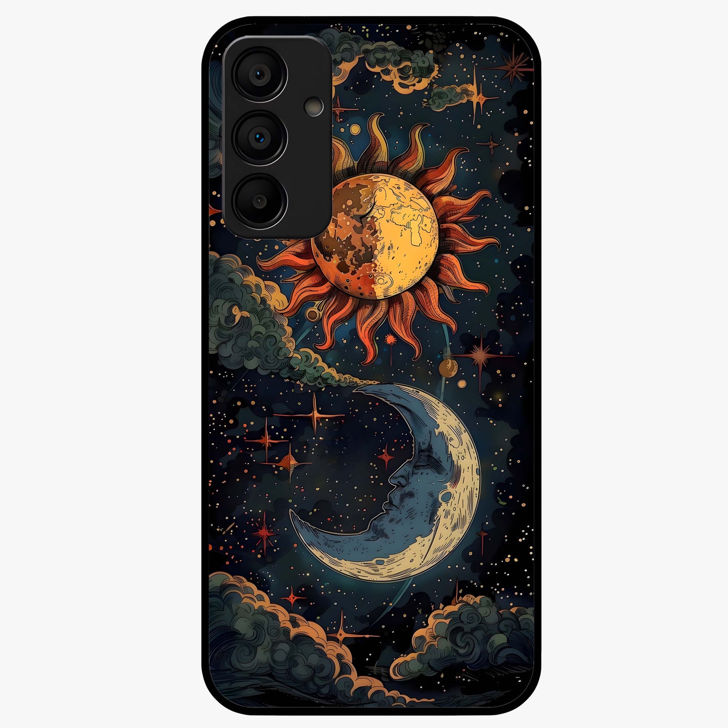 Sun And Moon Magic Design Glass Case showing flat back view with mystical sun and moon artwork and glossy glass finish.