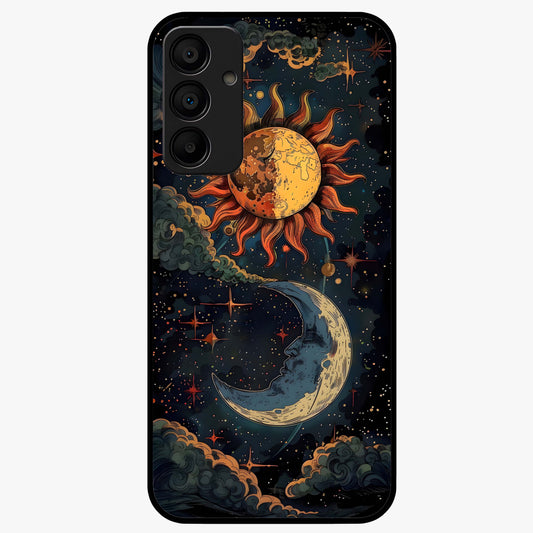 Sun And Moon Magic Design Glass Case showing flat back view with mystical sun and moon artwork and glossy glass finish.