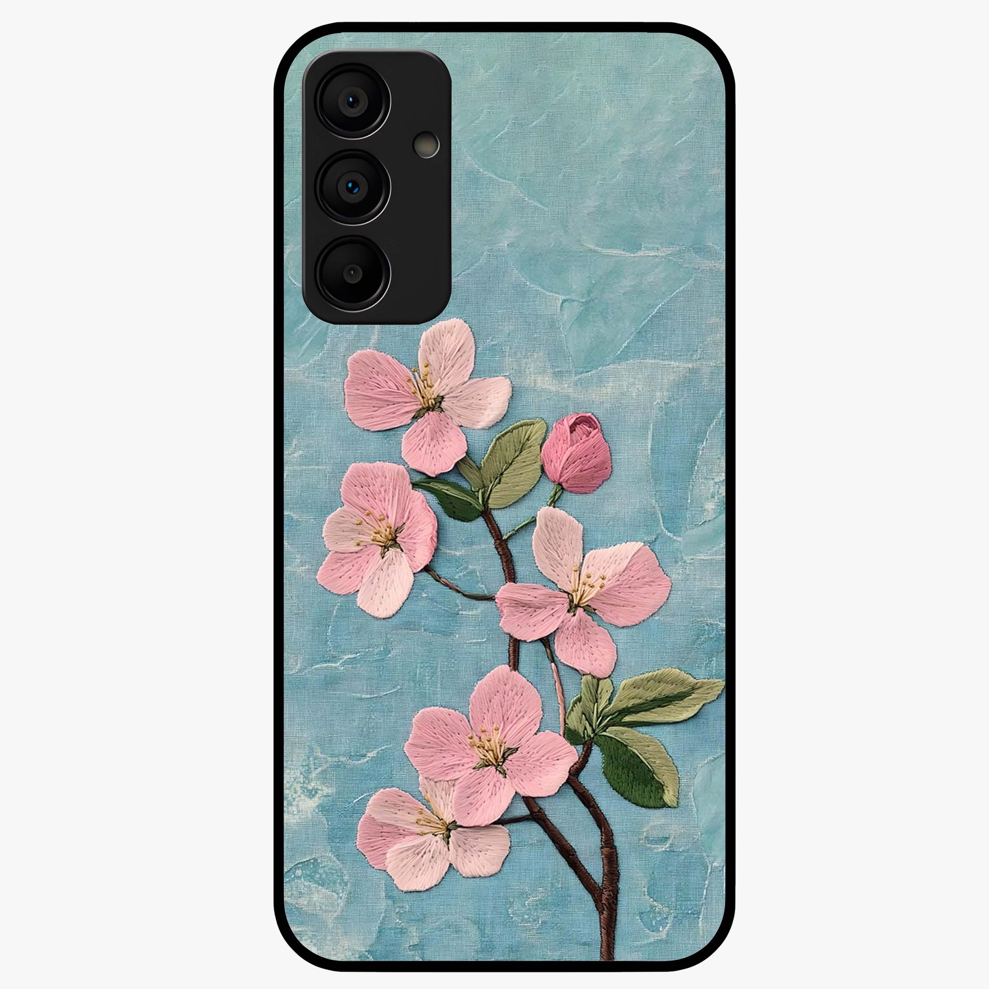 Threaded Blossom Breeze Glass Case showing flat back view with delicate blossom artwork and glossy glass finish.