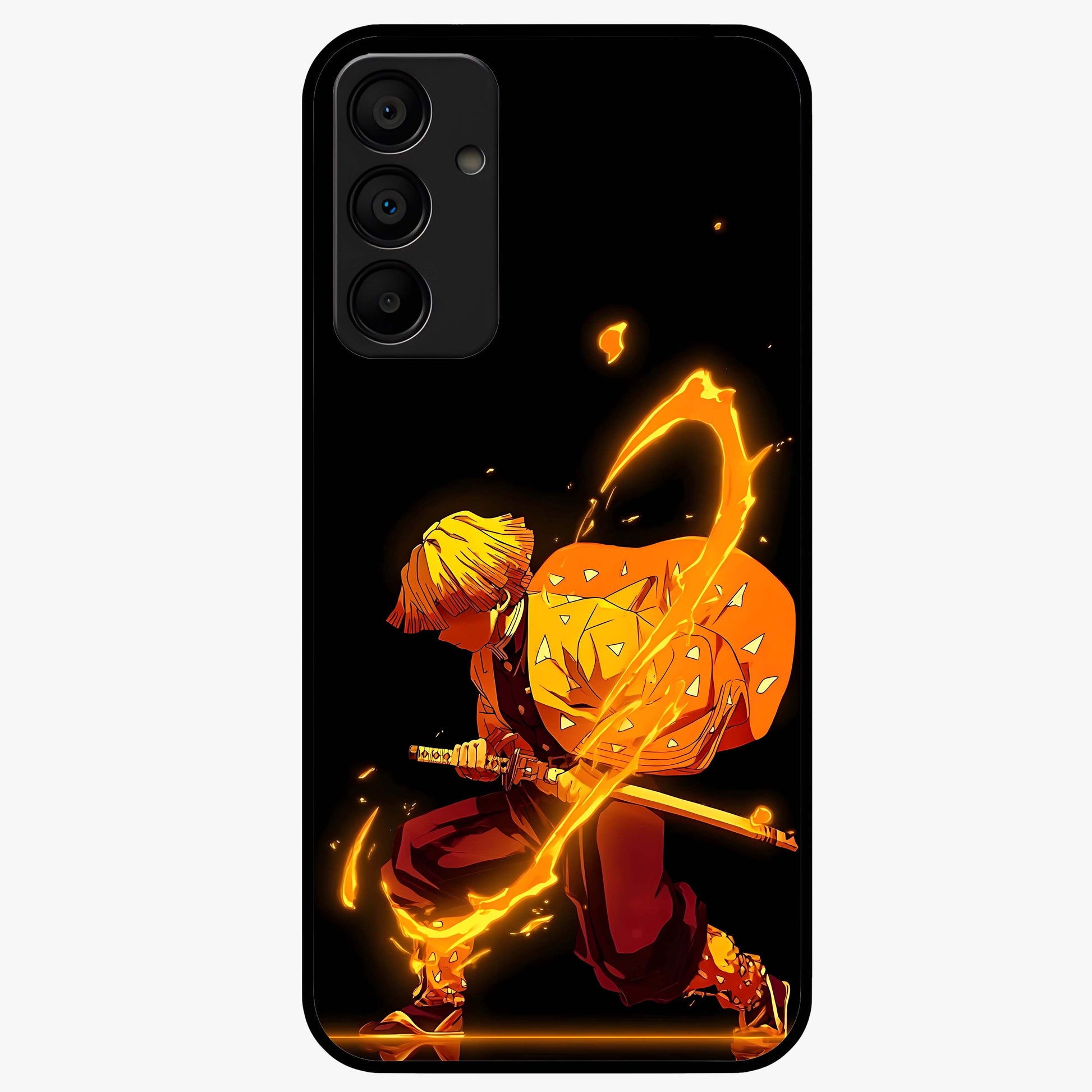 Thunder Flame Execution Glass Case showing flat back view with powerful flame and lightning artwork and glossy glass finish.