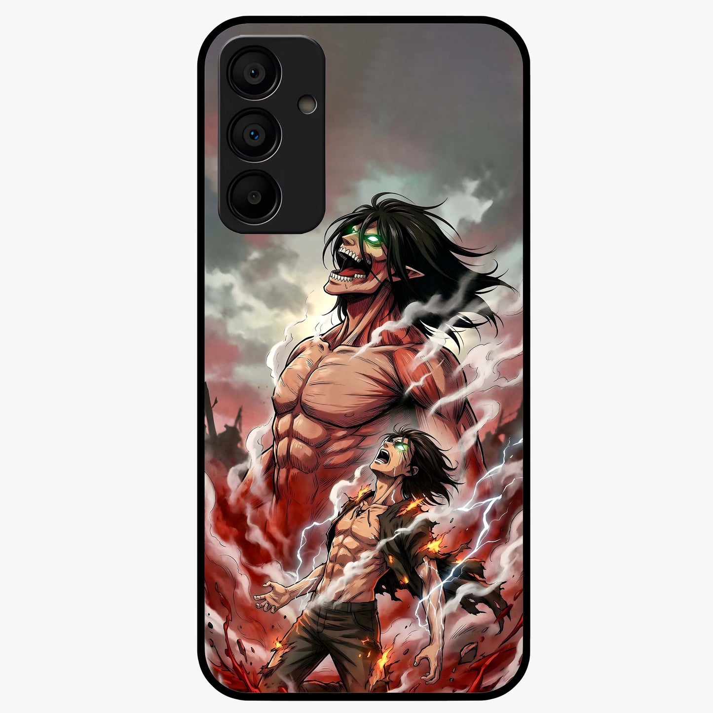 Titan Awakening Fury Glass Case showing flat back view with powerful titan inspired artwork and glossy glass finish.