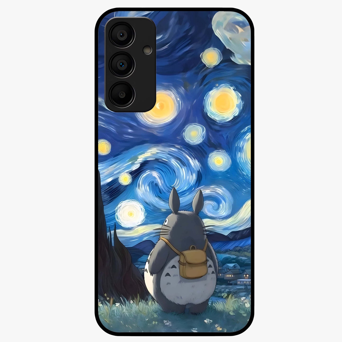 Totoro In Van Gogh Art Glass Case showing flat back view with whimsical character artwork inspired by Van Gogh style and glossy glass finish.