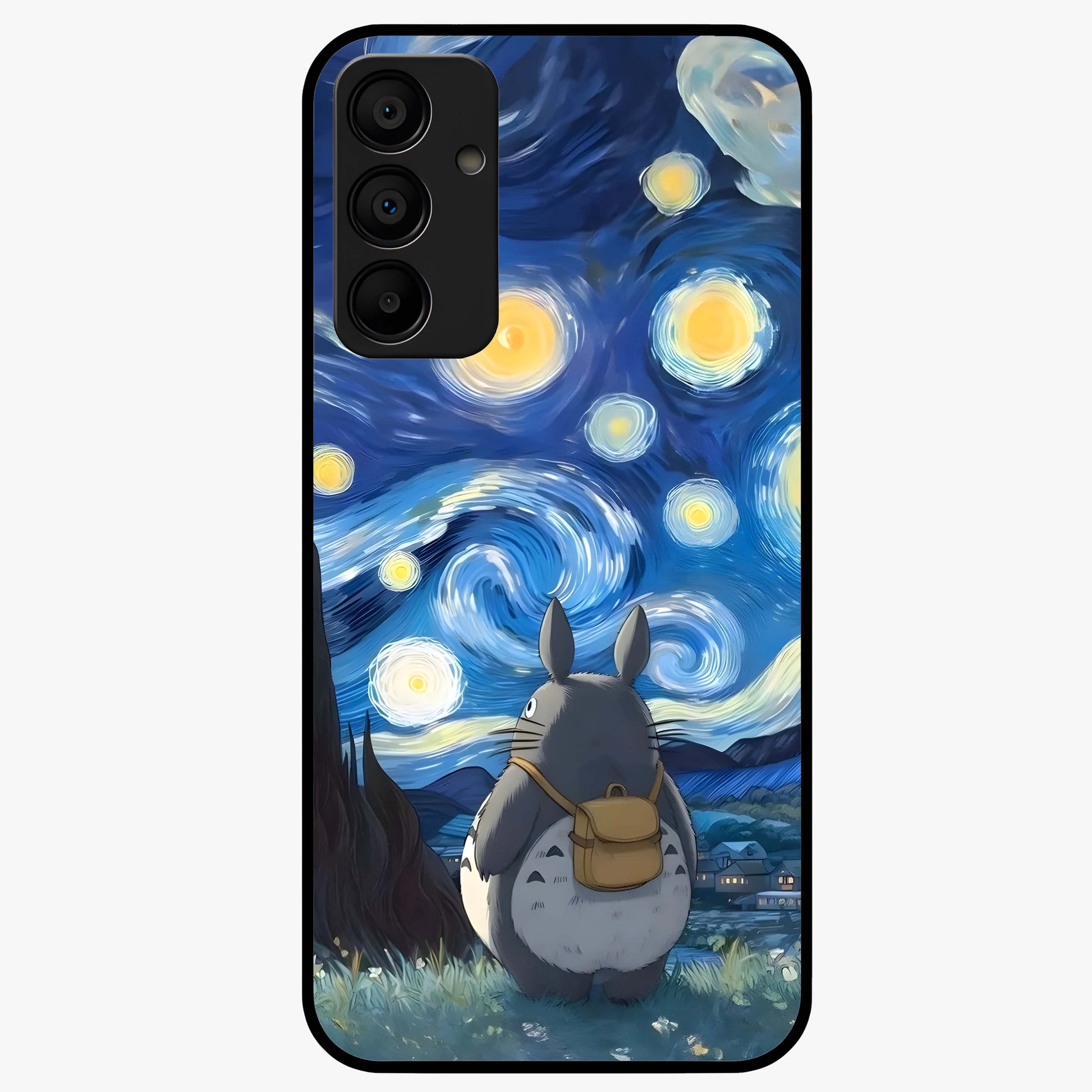 Totoro In Van Gogh Art Glass Case showing flat back view with whimsical character artwork inspired by Van Gogh style and glossy glass finish.