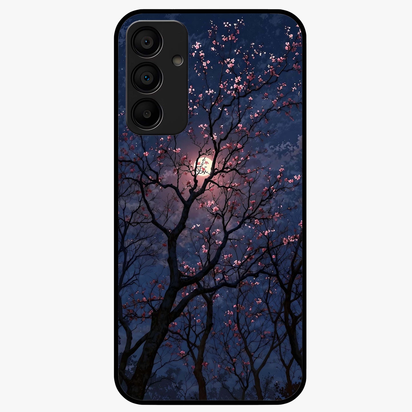 Twilight Sakura Serenade Glass Case showing flat back view with cherry blossom artwork at twilight and glossy glass finish.