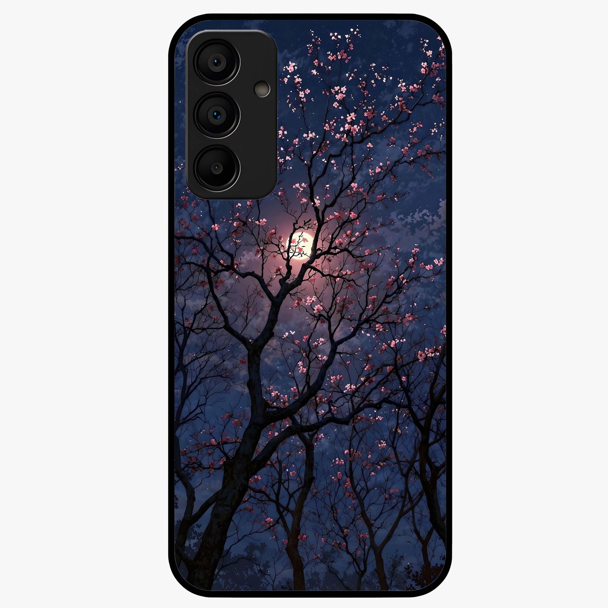 Twilight Sakura Serenade Glass Case showing flat back view with cherry blossom artwork at twilight and glossy glass finish.