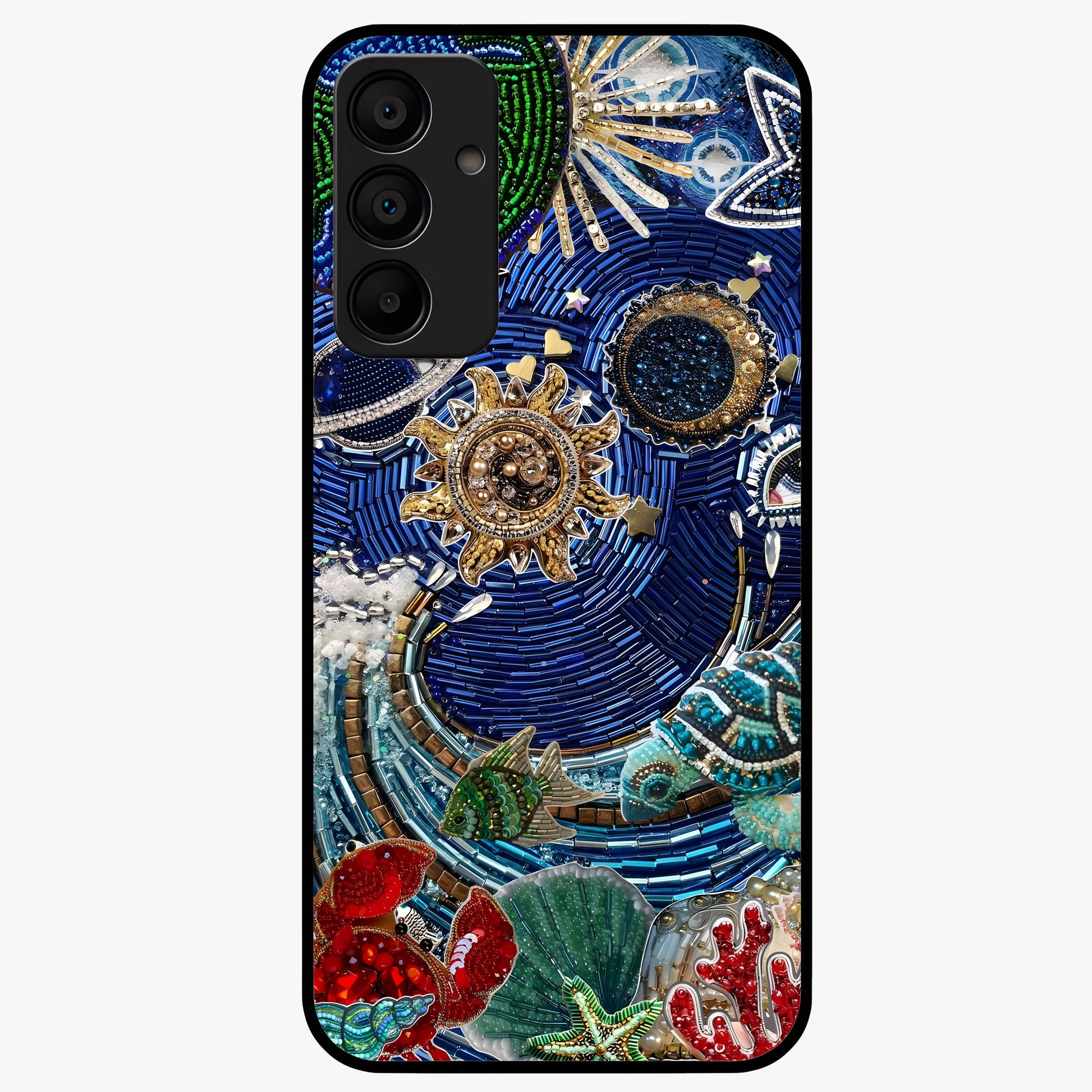 Universe Underwater Spark Glass Case showing flat back view with cosmic underwater themed artwork and glossy glass finish.