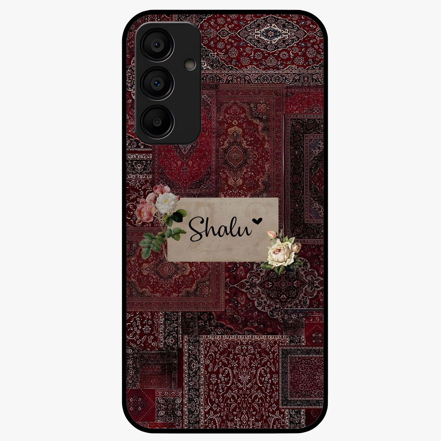 Velvet Wine Pattern Custom Name Glass Case showing flat back view with elegant wine colored pattern artwork and personalized name design.