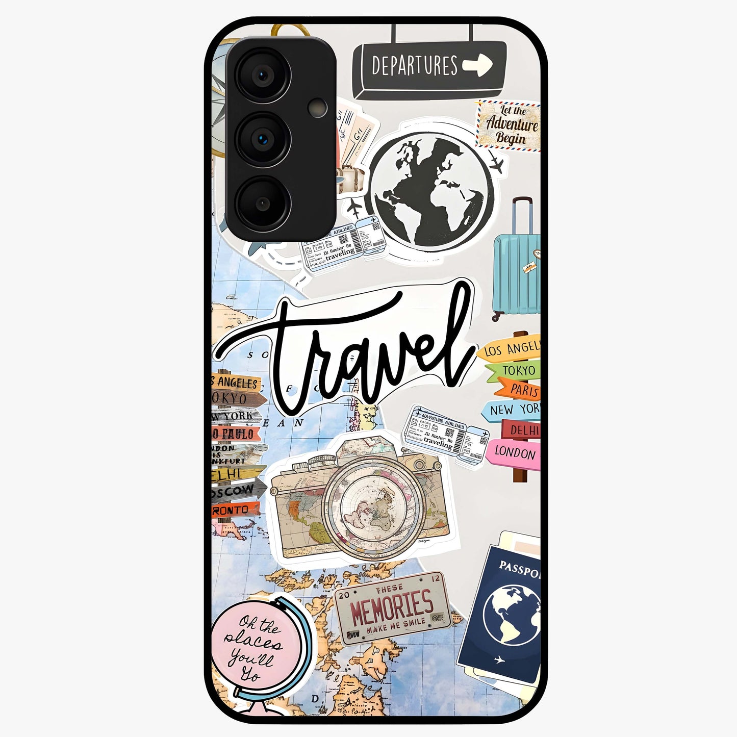Wanderlust Journal Glass Case showing flat back view with travel inspired artwork and glossy glass finish.