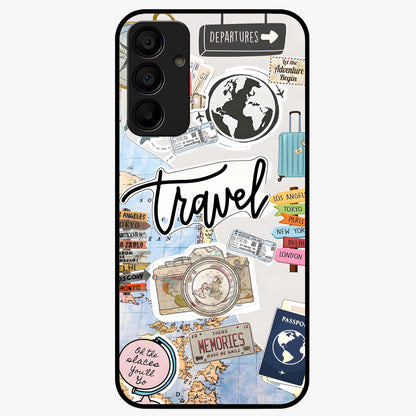 Wanderlust Journal Glass Case showing flat back view with travel inspired artwork and glossy glass finish.