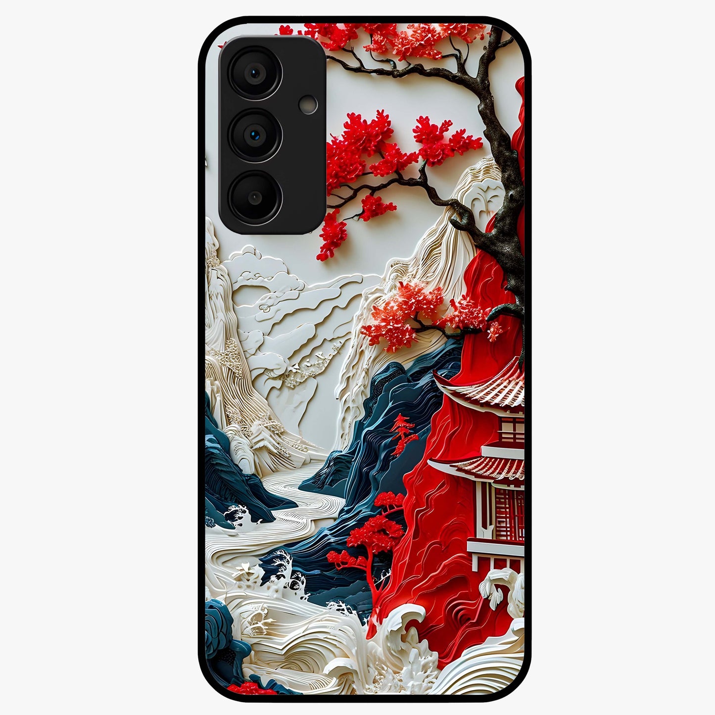 Whispers Of Sakura Waves Glass Case showing flat back view with cherry blossom wave artwork and glossy glass finish.