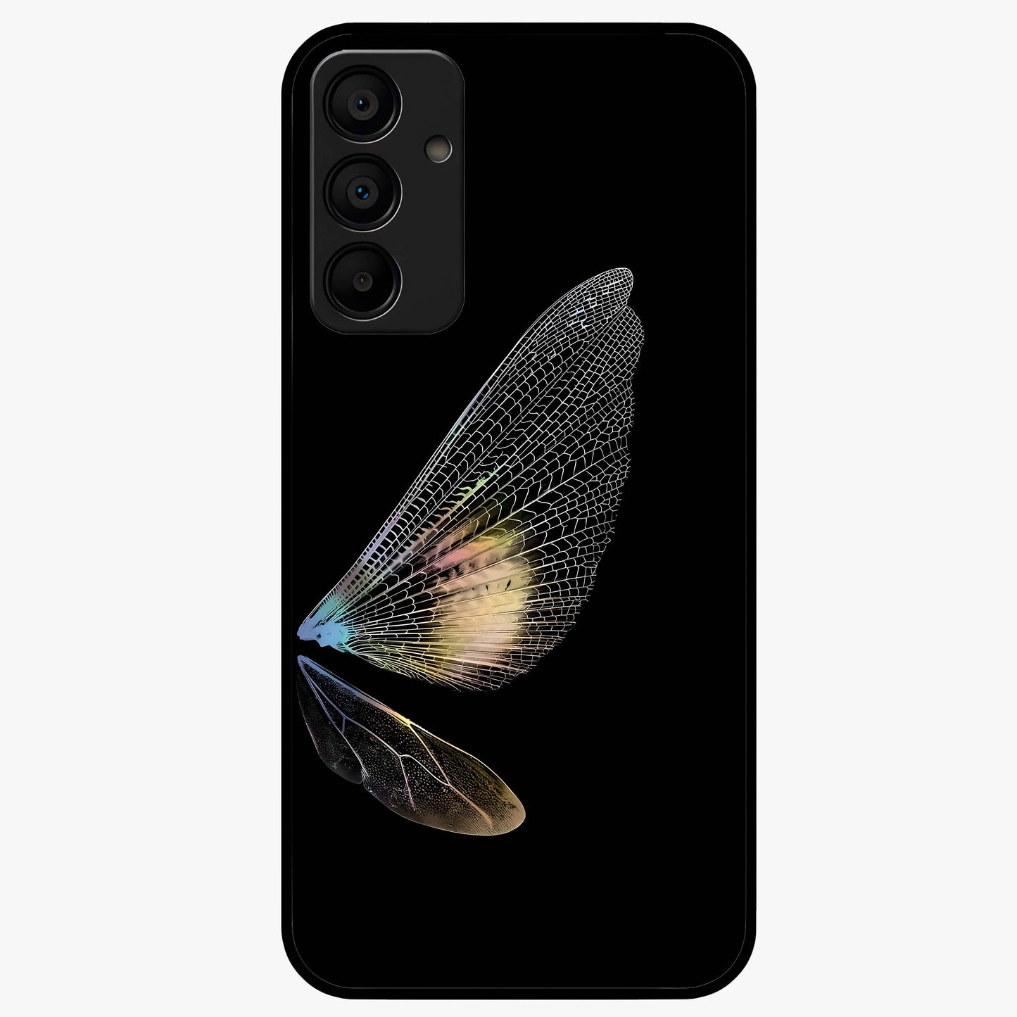 Whispers Of Wings Glass Case showing flat back view with graceful wing inspired artwork and glossy glass finish.
