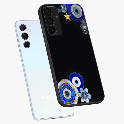 Aesthetic Blue Evil Eye Glass Case displayed in angled mockup highlighting blue evil eye symbol and spiritual aesthetic design.