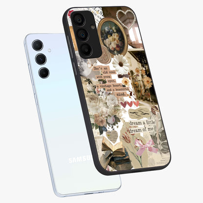 Aesthetic Brown Vintage Collage Glass Case displayed in angled mockup highlighting vintage aesthetic collage design.
