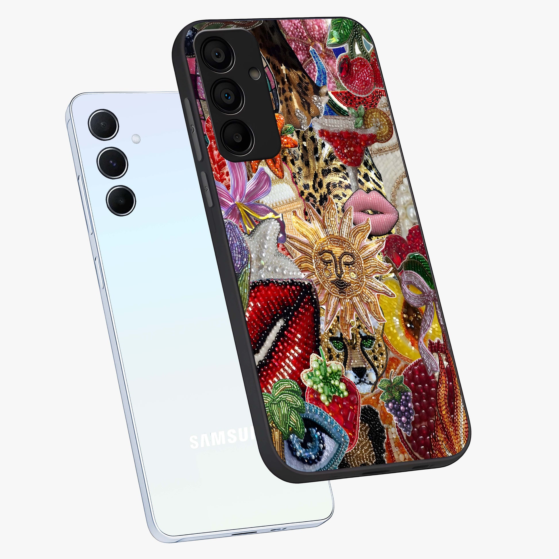 Beaded Fashion Jungle Glass Case displayed in angled mockup highlighting colorful fashion bead design and artistic pattern.
