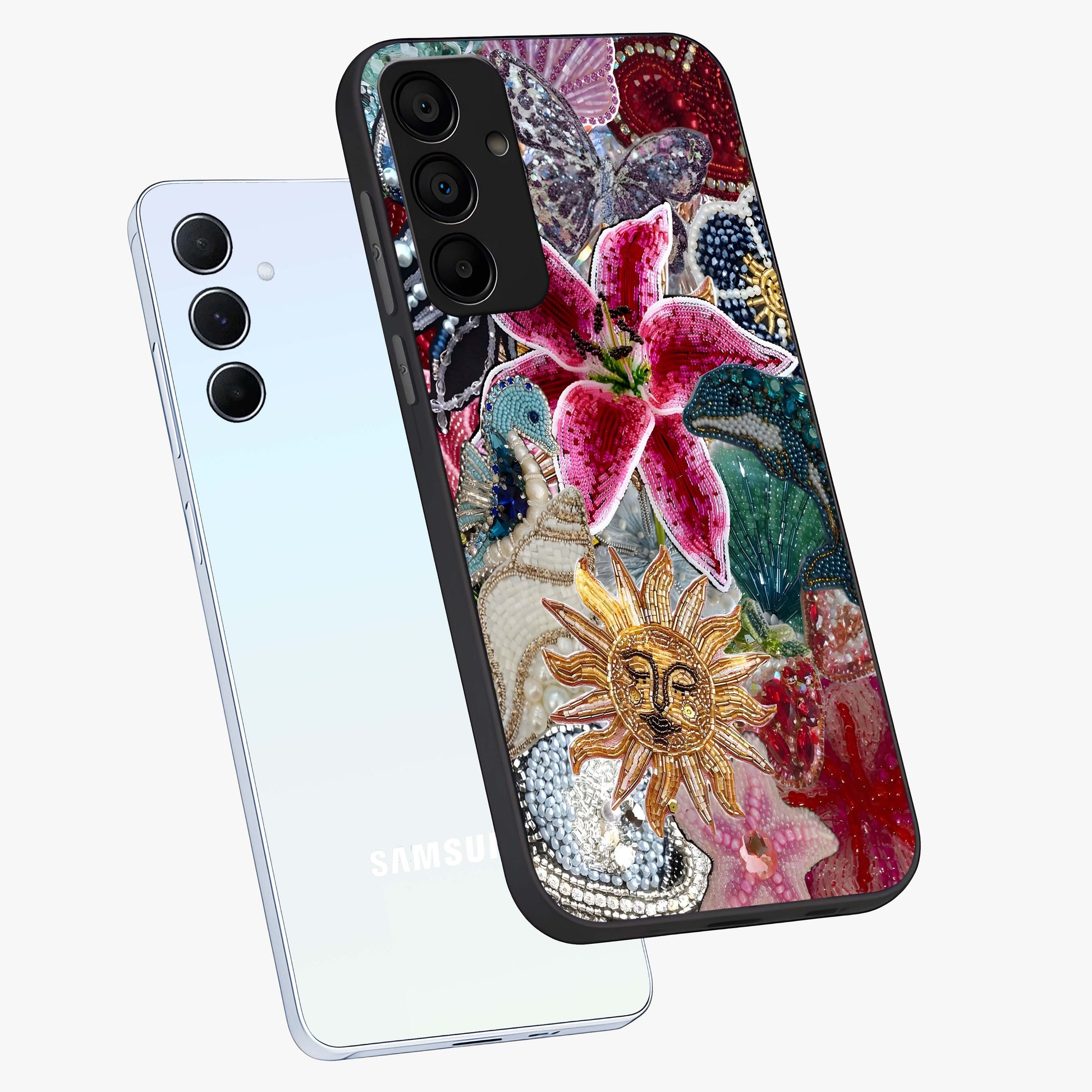 Beaded Garden Fantasy Glass Case displayed in angled mockup highlighting fantasy inspired floral bead pattern.