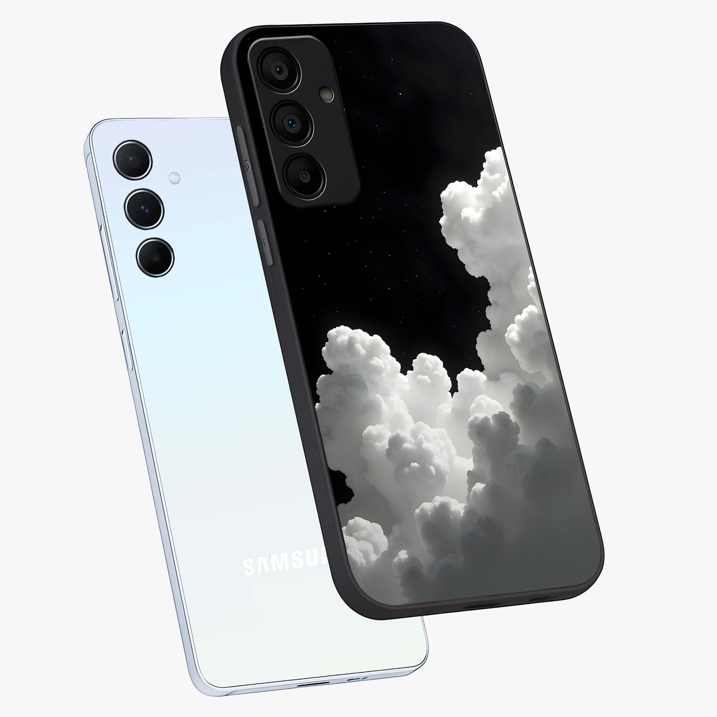 Black Background With White Cloud Glass Case displayed in angled mockup highlighting soft white cloud illustration and minimal design.