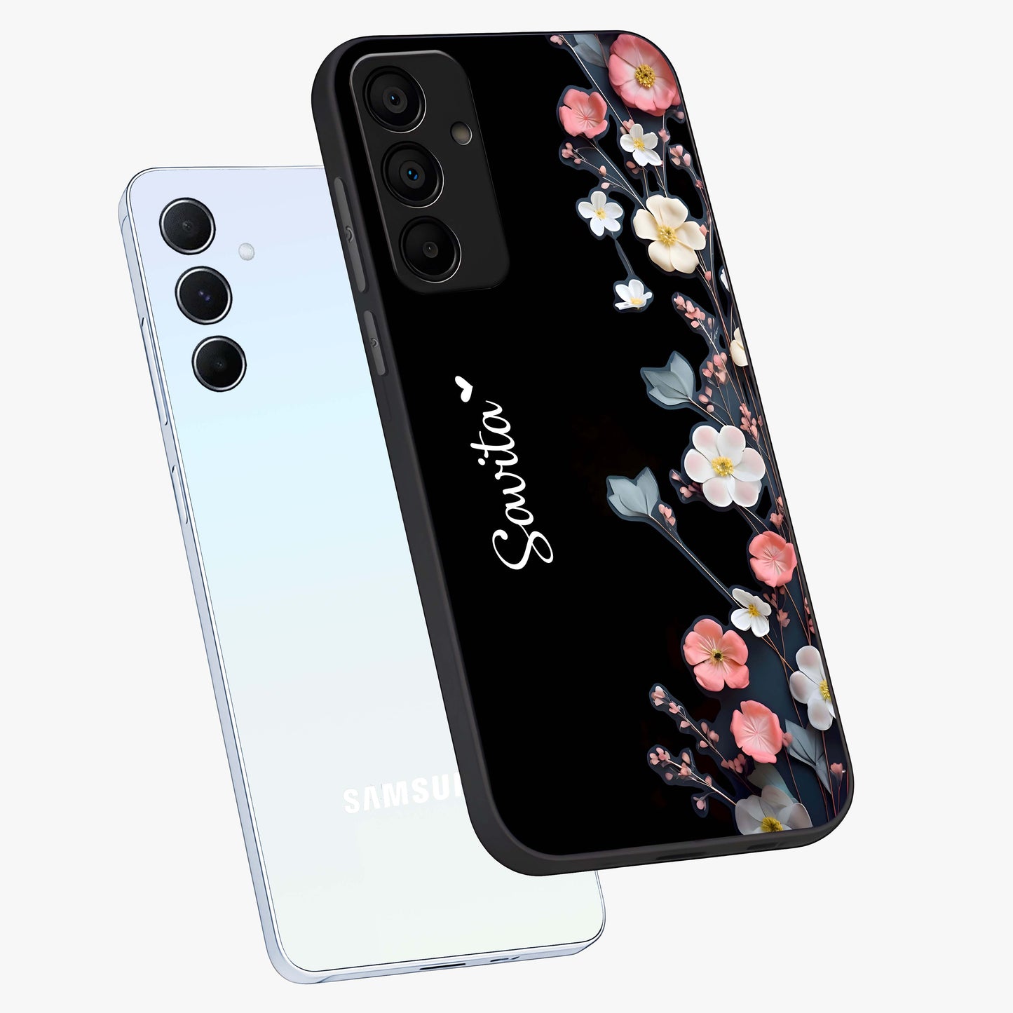 Black Elegance Floral Custom Name Glass Case displayed in angled mockup highlighting dark floral aesthetic and custom name feature.