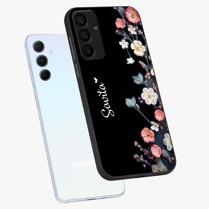 Black Elegance Floral Custom Name Glass Case displayed in angled mockup highlighting dark floral aesthetic and custom name feature.