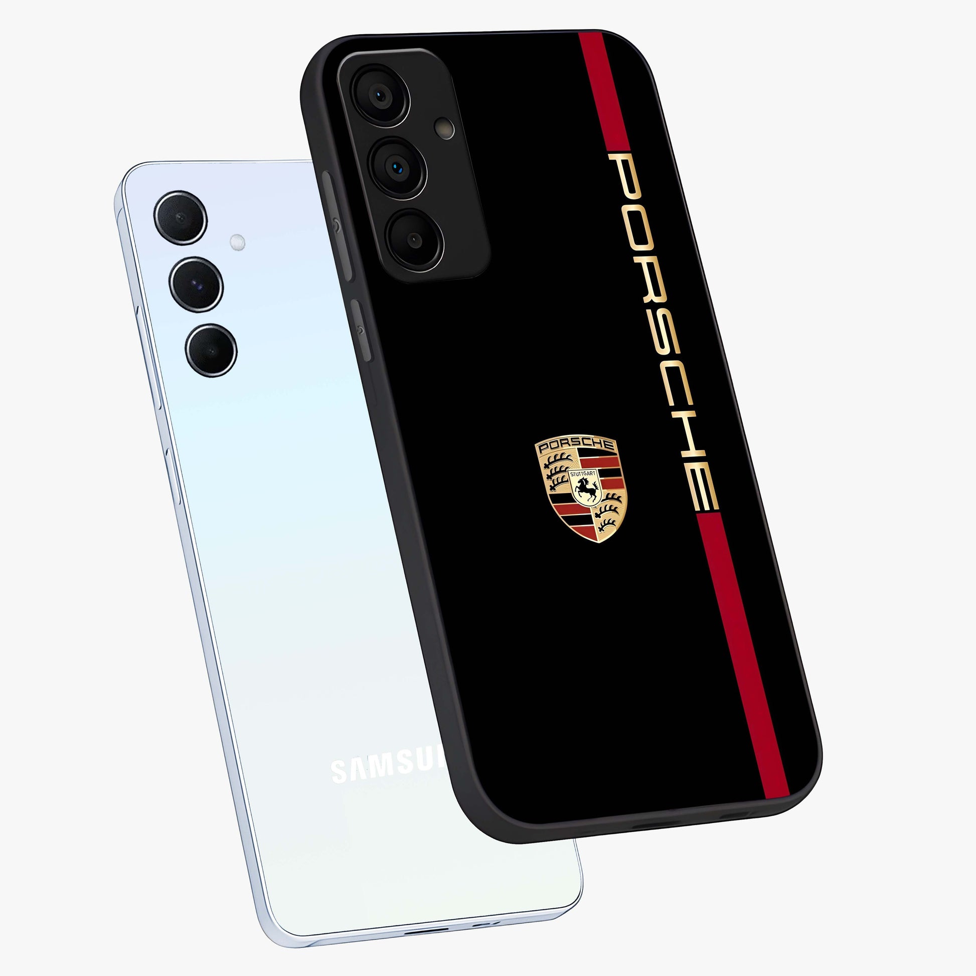 Black Minimal Porsche Glass Case displayed in angled mockup highlighting modern minimal car illustration and clean aesthetic design.