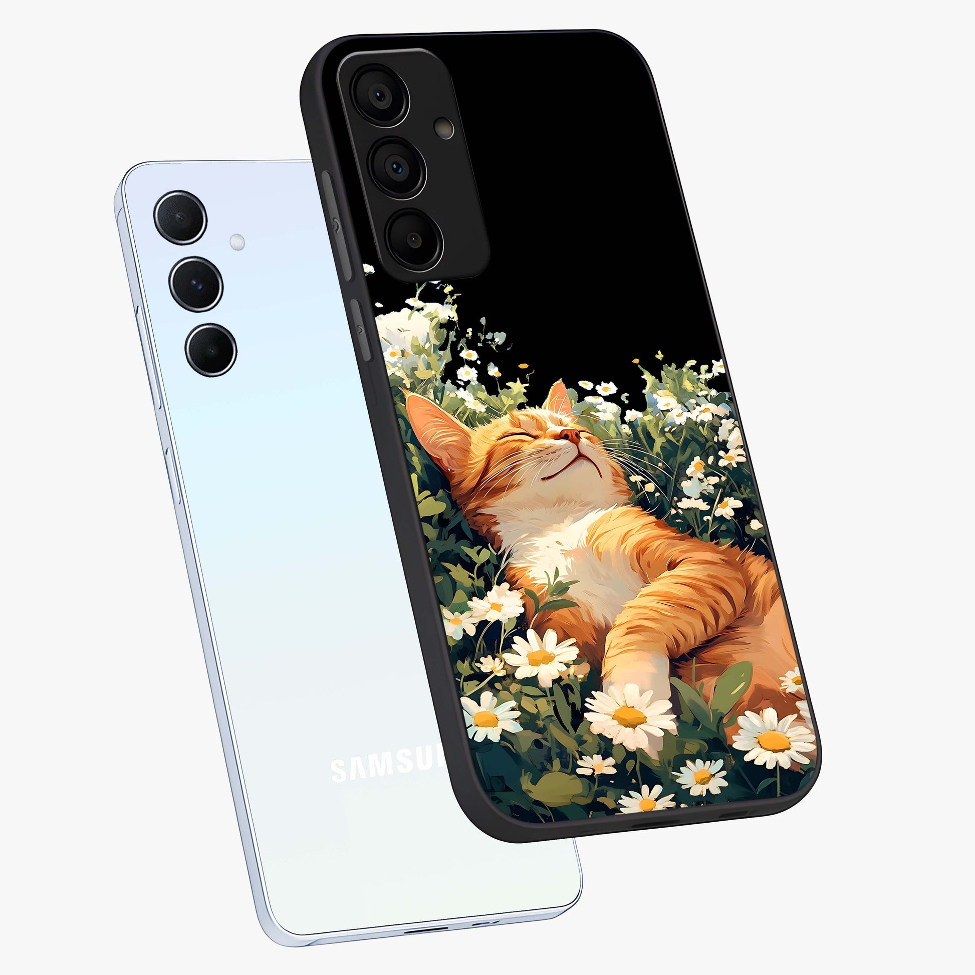 Blissful Bloom Cat Glass Case displayed in angled mockup highlighting playful feline illustration with soft floral aesthetic.