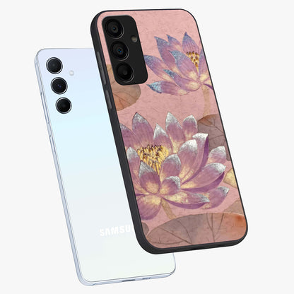 Blossom Mist Lotus Glass Case displayed in angled mockup highlighting delicate lotus illustration with calm aesthetic theme.