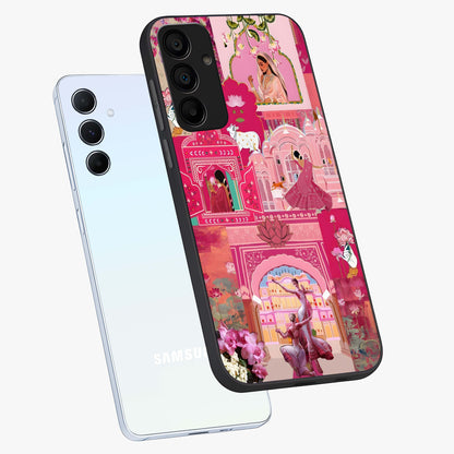 Blossoms of Rajasthan Glass Case displayed in angled mockup highlighting vibrant floral pattern with cultural aesthetic style.