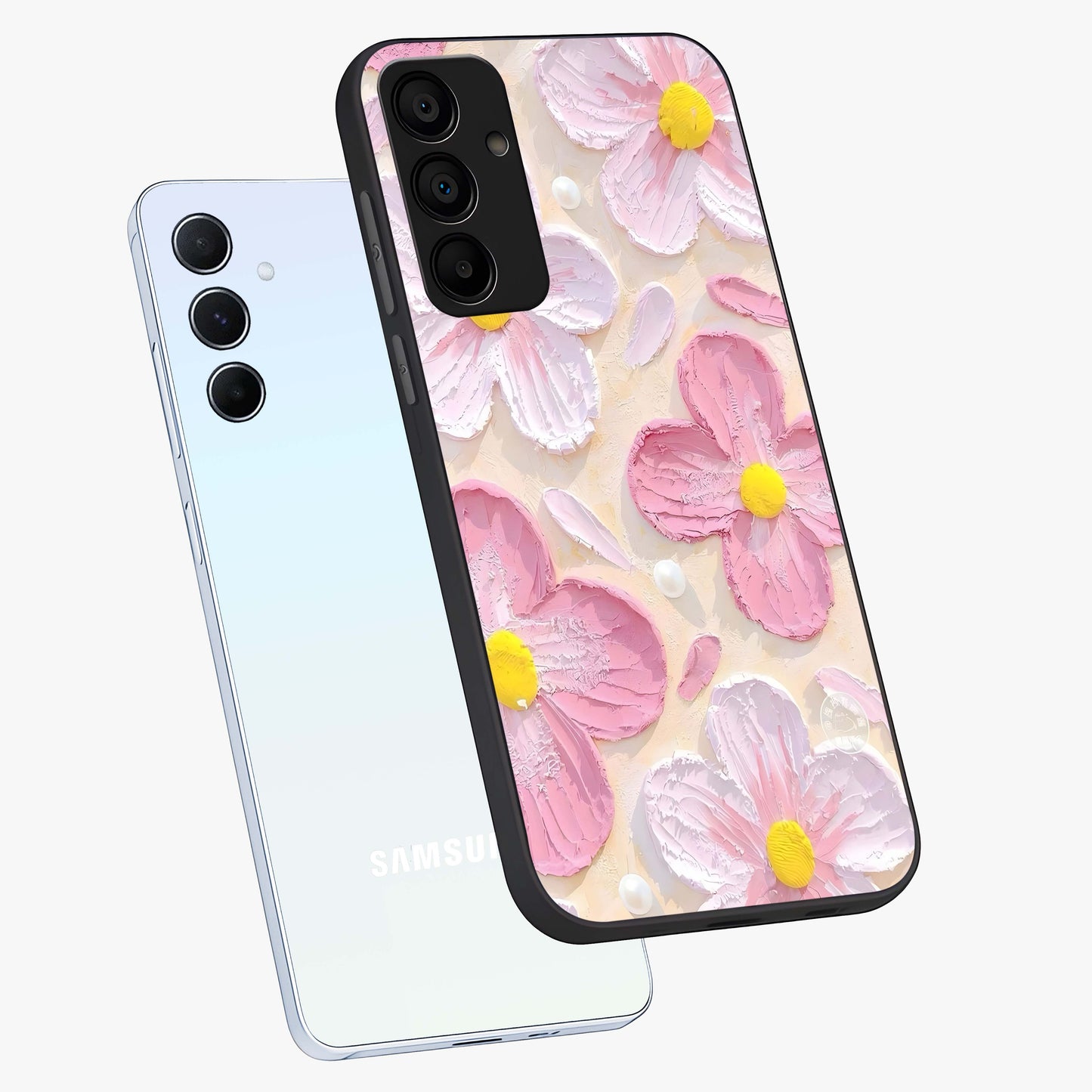 Blush Bloom Texture Glass Case displayed in angled mockup highlighting subtle bloom pattern with aesthetic pastel design.